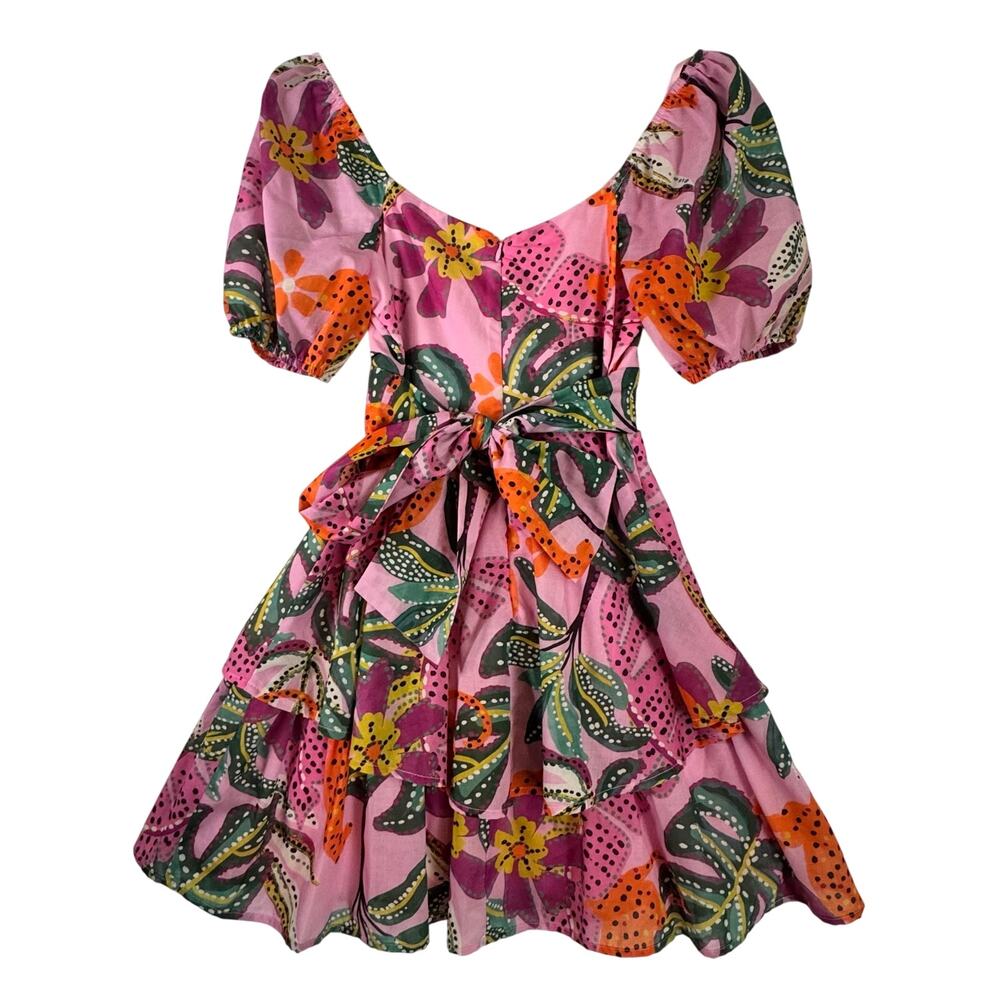 Crystal Sky Women’s S Tiered Mini Dress Pink Ruffle V-Neck Tropical Print Resort - Picture 7 of 9